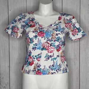 Vintage 90s Next Era Floral Cotton Top Scalloped Neckline, sz Large